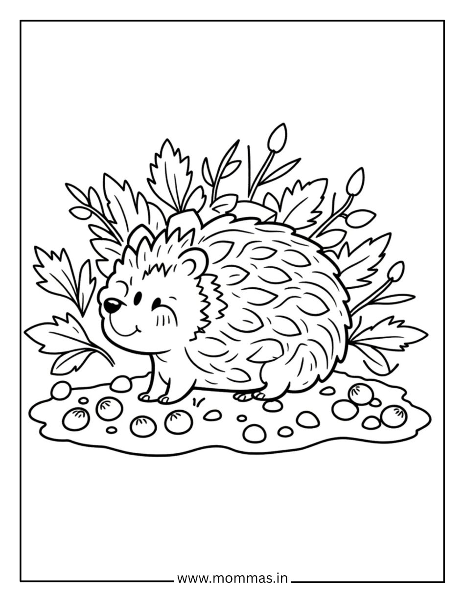Adorable fall coloring pages featuring hedgehog in garden with autumn leaves and berries for nature exploration