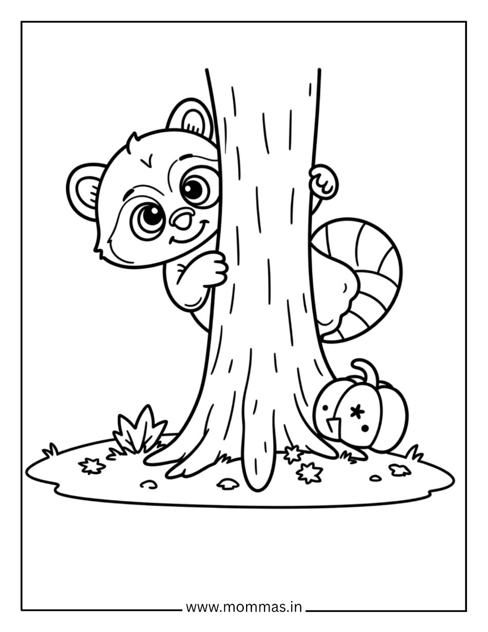 Fun fall coloring pages featuring climbing monkey on tree with autumn leaves and pumpkin for woodland adventure themes