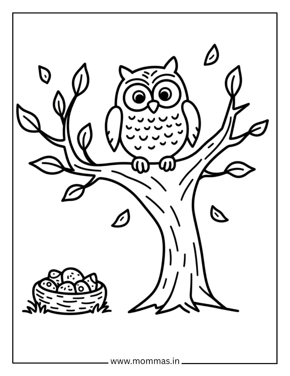 Beautiful fall coloring pages featuring wise owl on tree branch with falling leaves and acorn basket for autumn nature