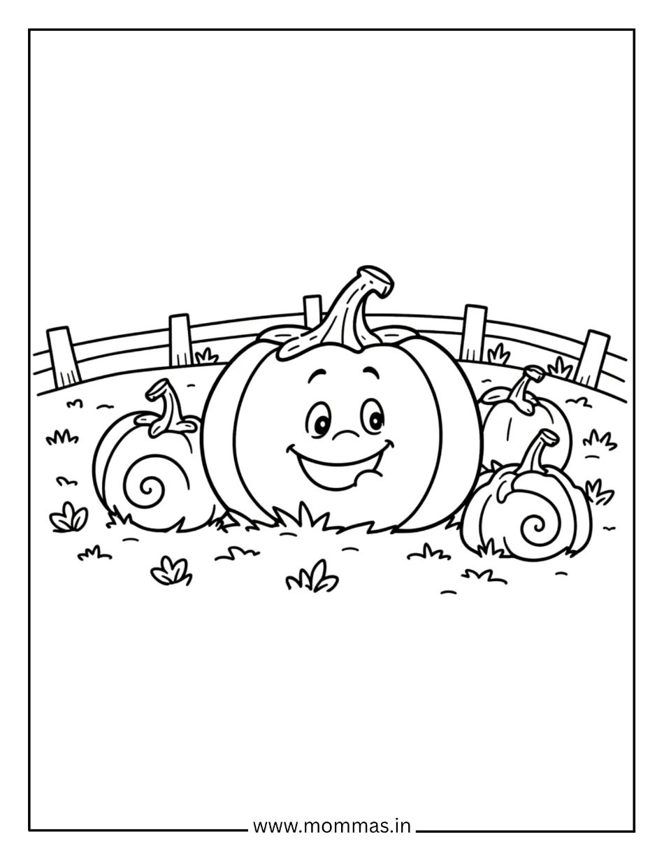 Festive fall coloring pages featuring happy pumpkin family in patch with fence for harvest celebration themes