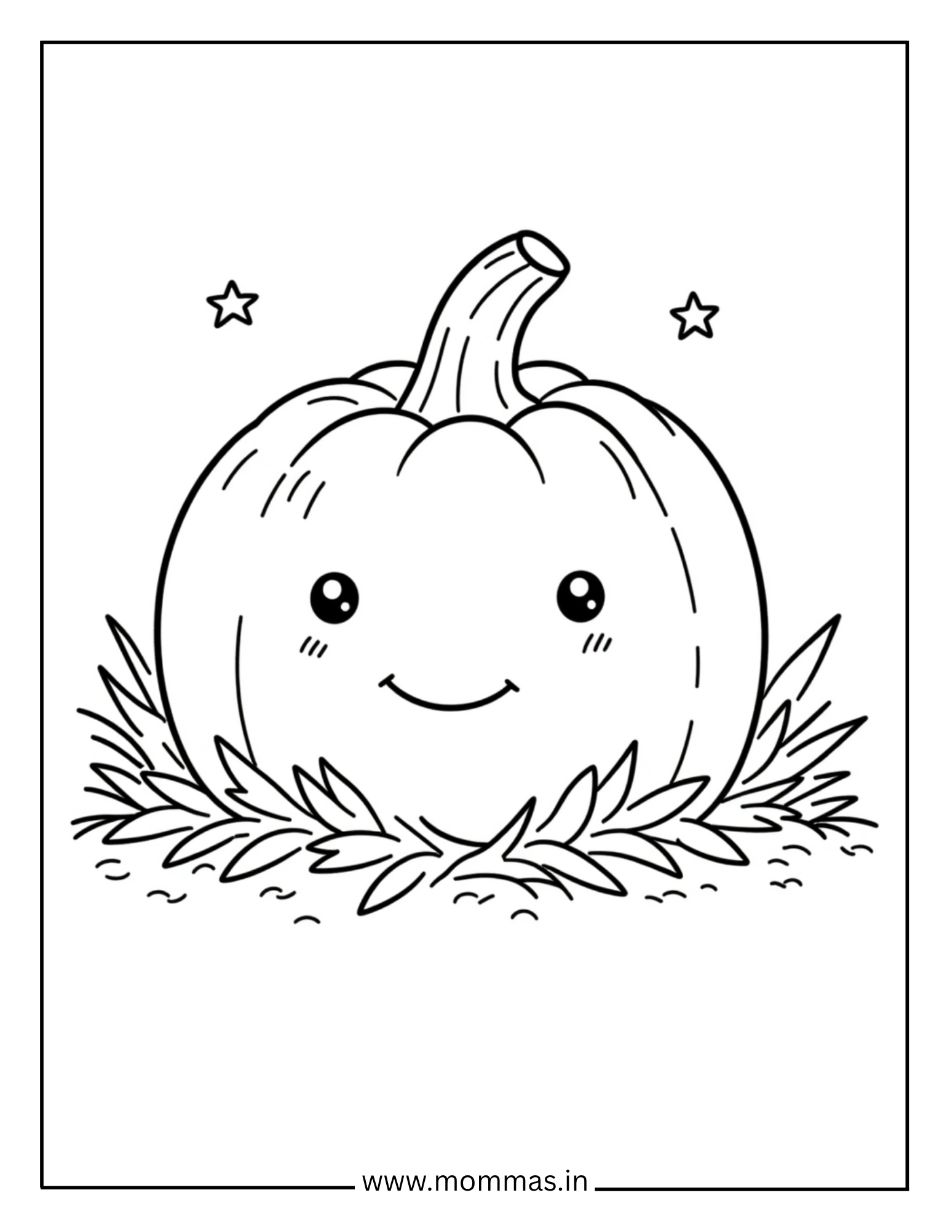 Printable fall coloring pages featuring happy pumpkin with stars and grass for autumn celebration activities