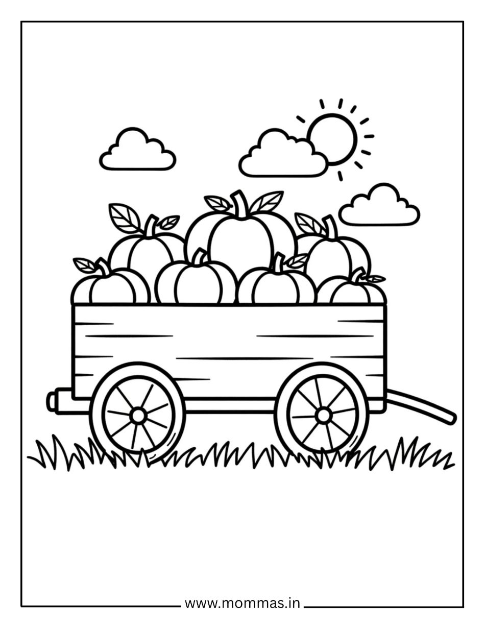 Festive fall coloring pages featuring wagon filled with pumpkins and sunny sky for autumn harvest themes