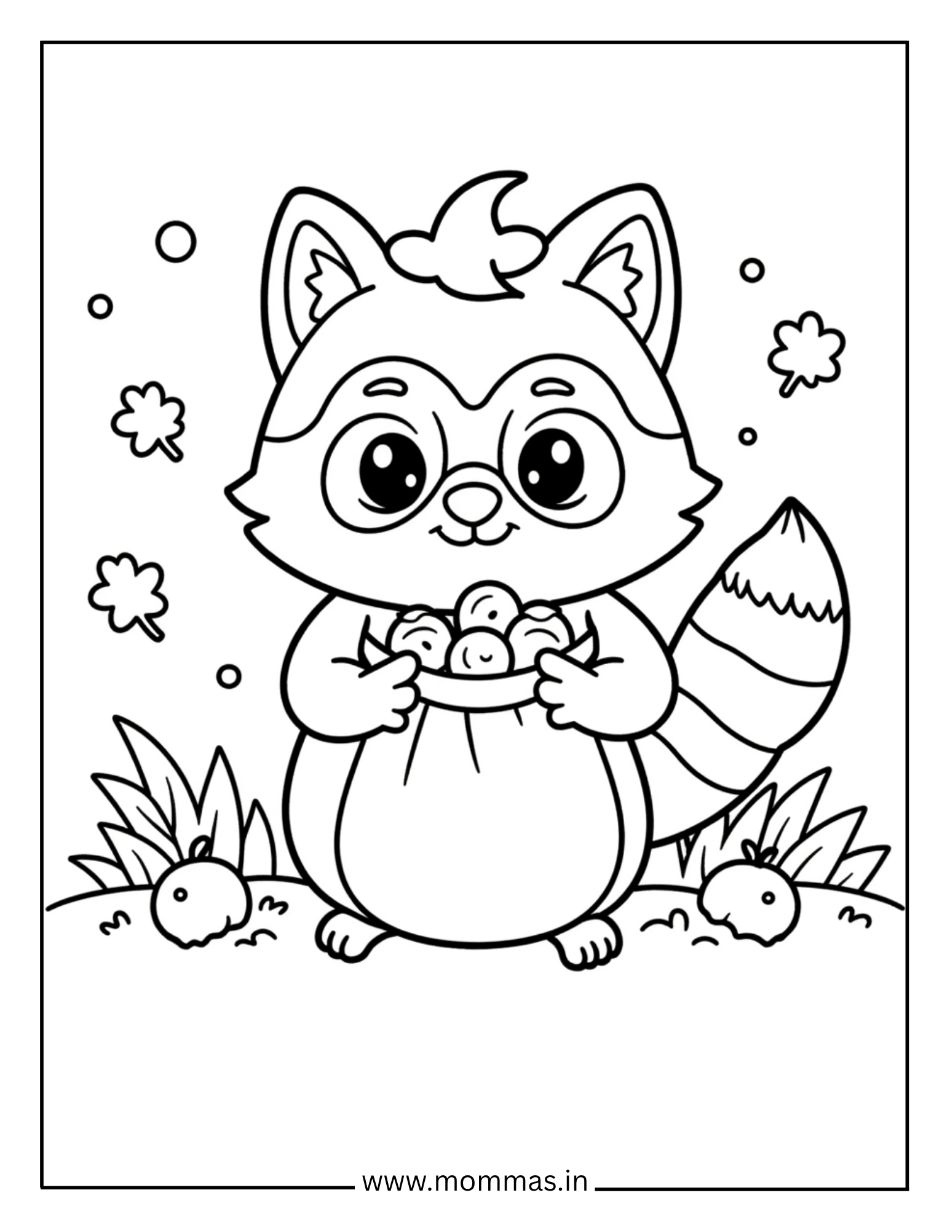 Cute fall coloring pages featuring woodland raccoon with bubbles and forest elements for nature exploration fun