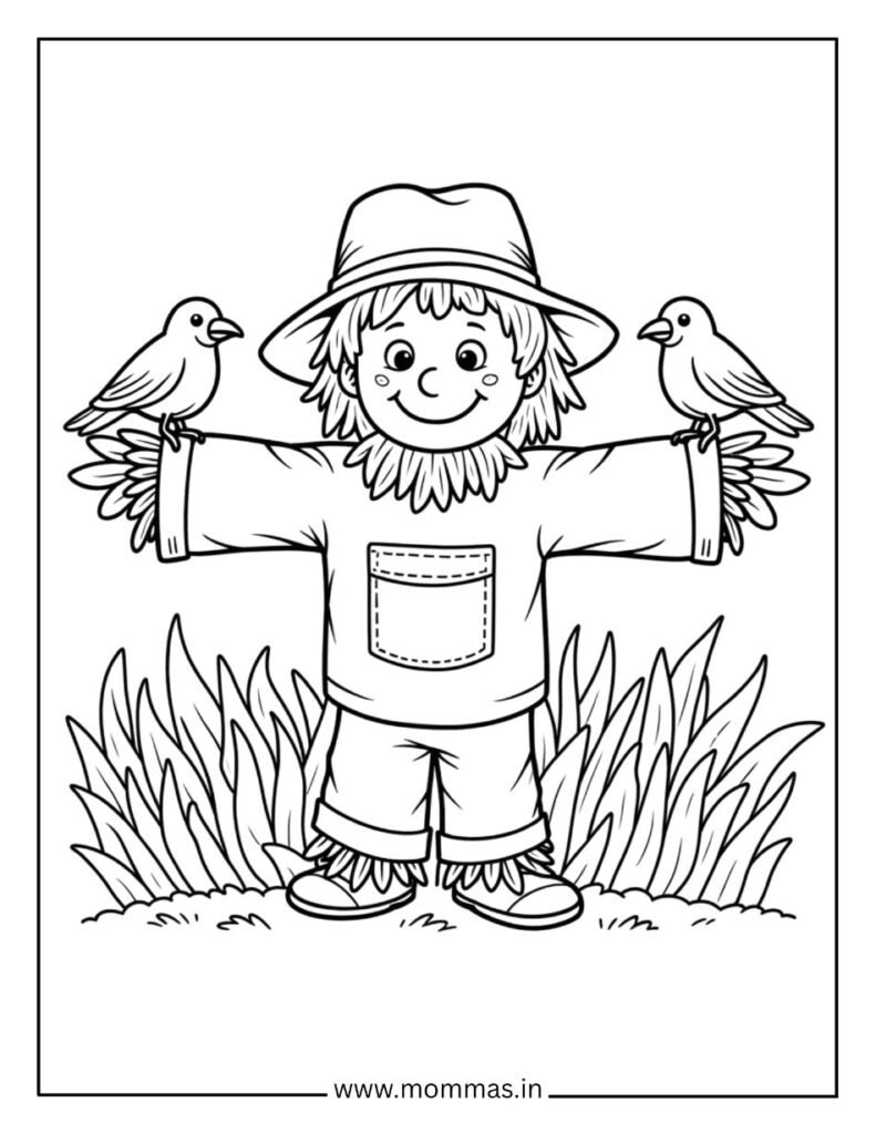 Traditional fall coloring pages featuring friendly scarecrow with birds perched on arms for harvest friendship themes