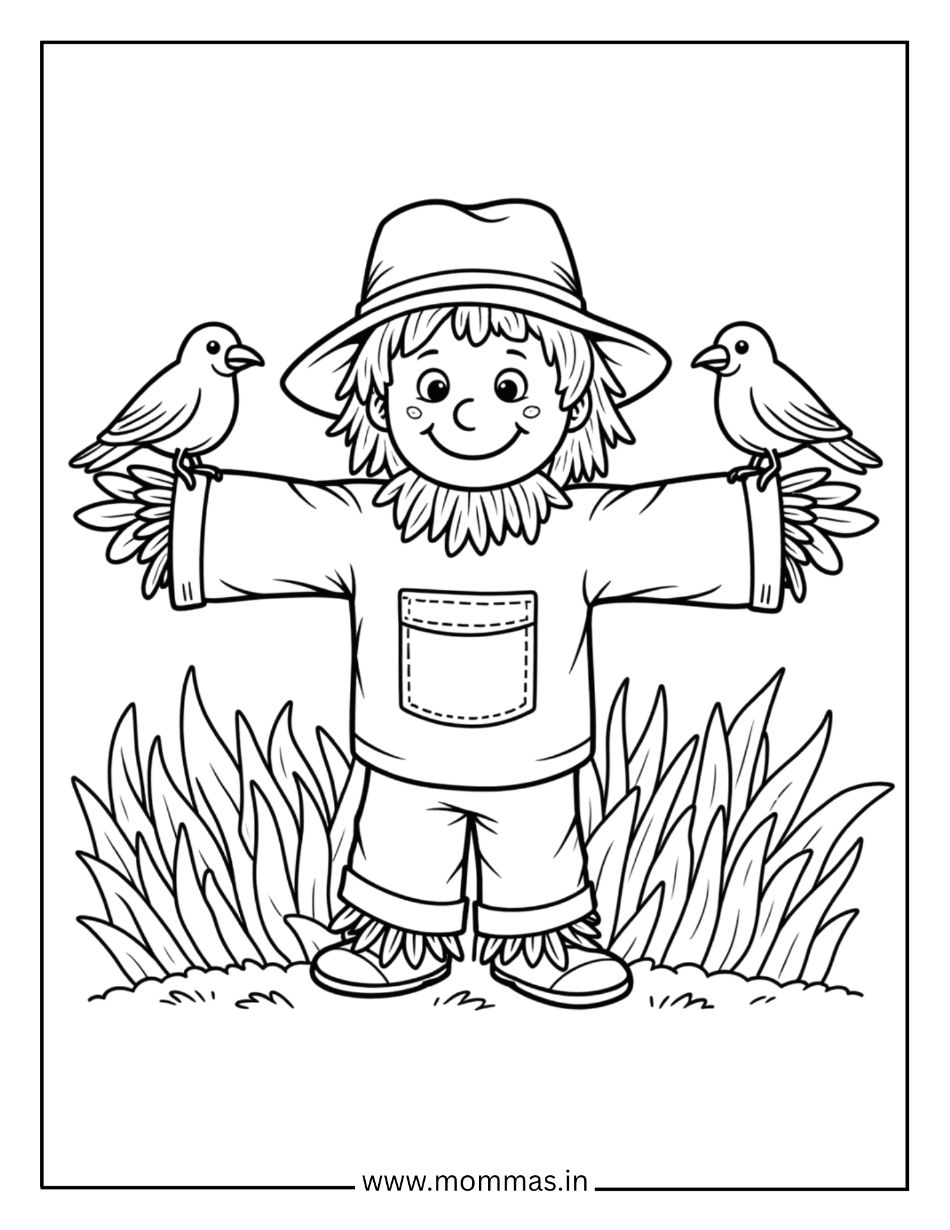 Traditional fall coloring pages featuring friendly scarecrow with birds perched on arms for harvest friendship themes