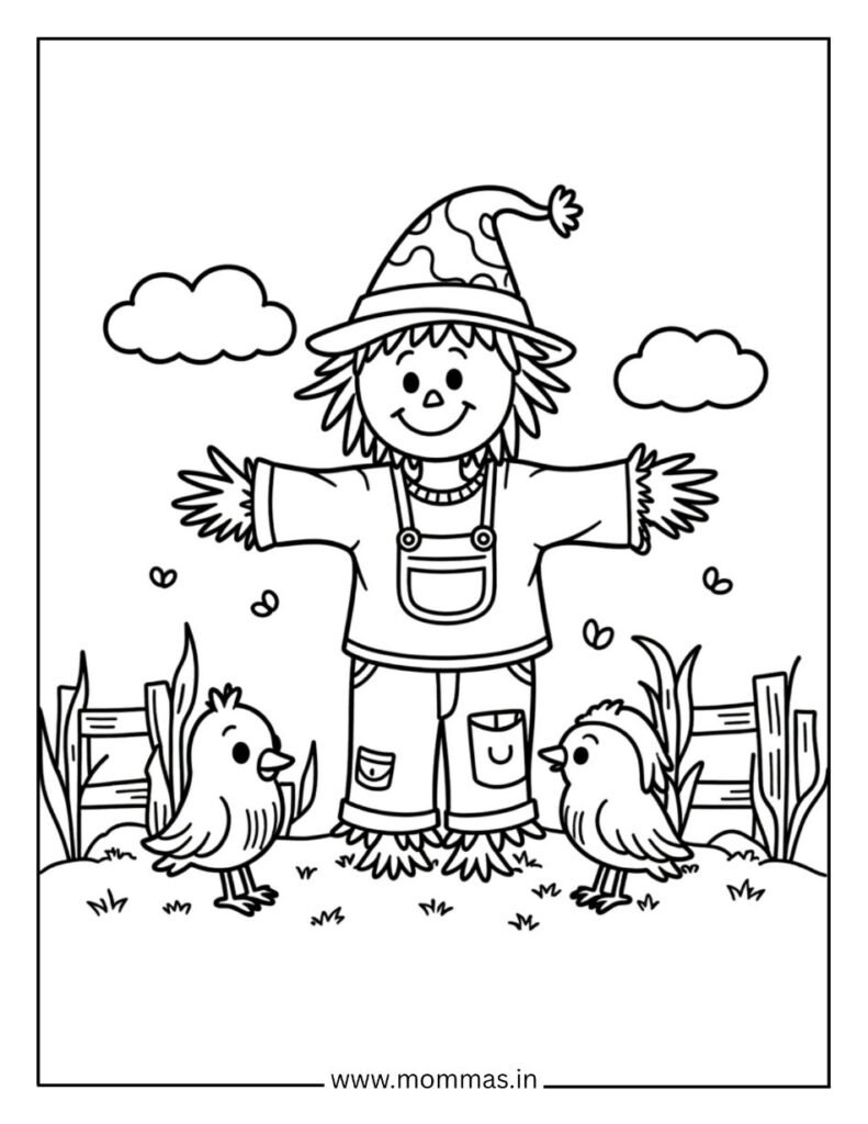 Traditional fall coloring pages featuring friendly scarecrow with birds and farm elements for harvest themes