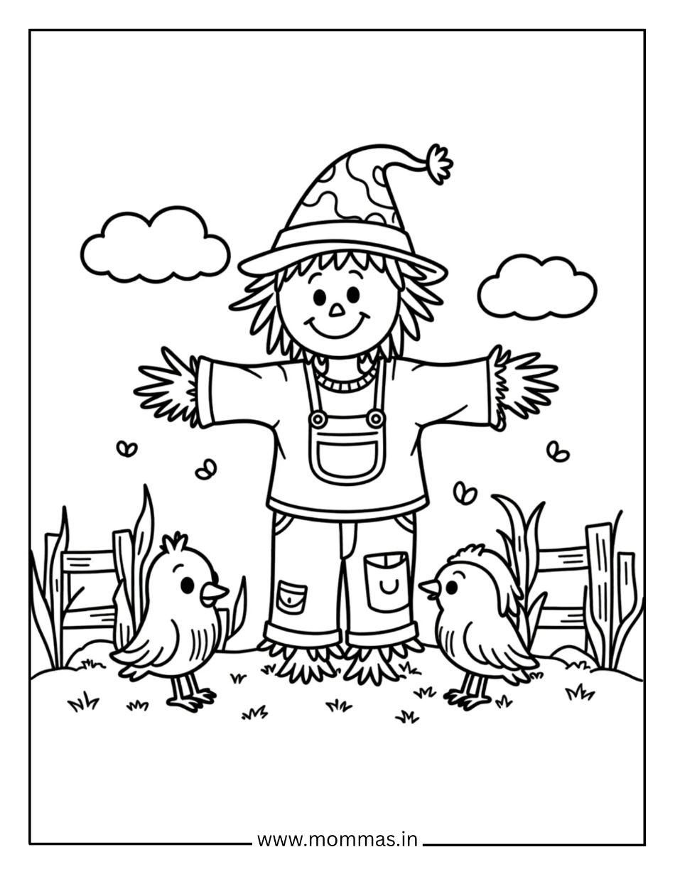 Traditional fall coloring pages featuring friendly scarecrow with birds and farm elements for harvest themes
