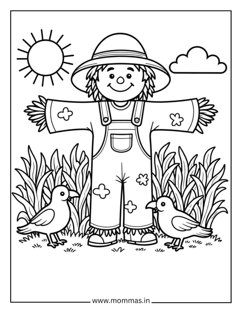 Traditional fall coloring pages featuring friendly scarecrow with farm birds, sun and grass for harvest themes