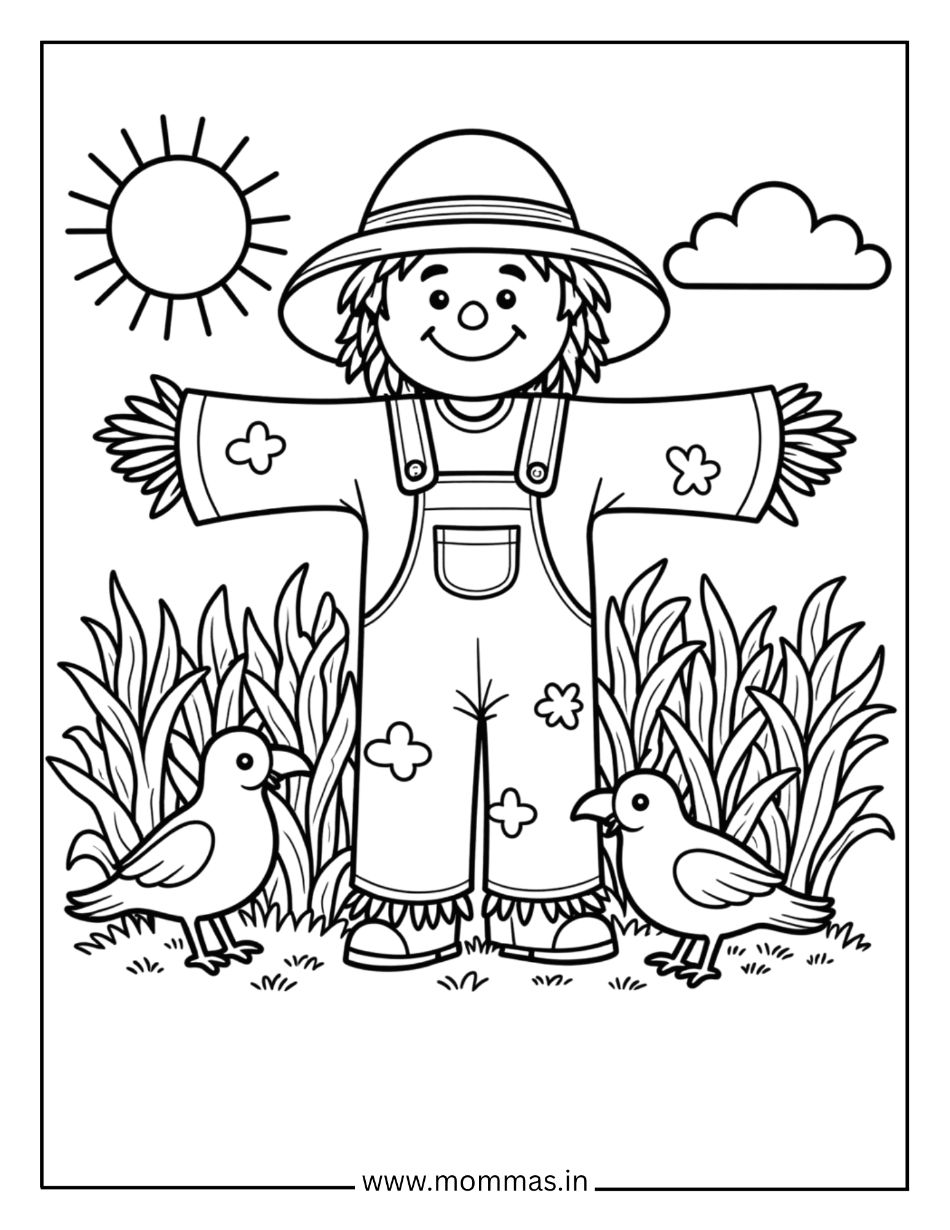 Traditional fall coloring pages featuring friendly scarecrow with farm birds, sun and grass for harvest themes