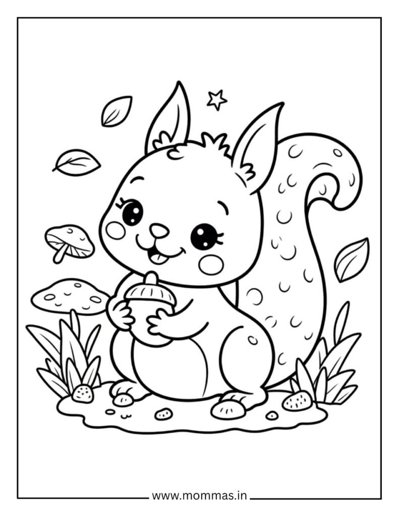 Printable fall coloring pages featuring cute squirrel with acorn, mushrooms and leaves for autumn nature fun