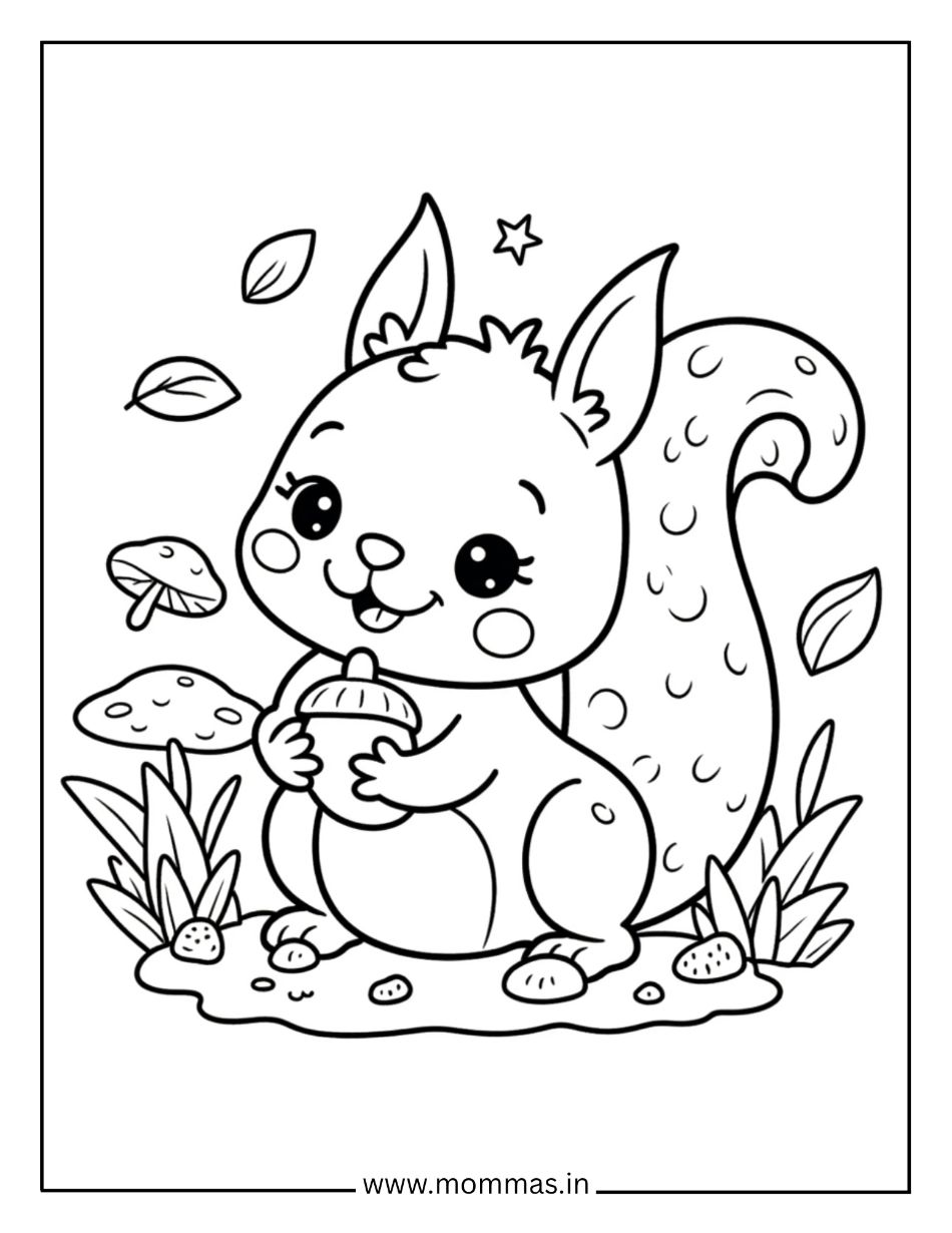 Printable fall coloring pages featuring cute squirrel with acorn, mushrooms and leaves for autumn nature fun