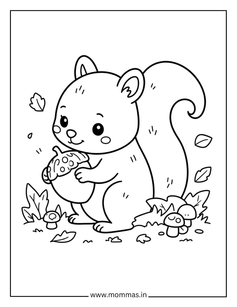 Cute fall coloring pages featuring woodland squirrel with mushroom and autumn leaves for forest nature themes
