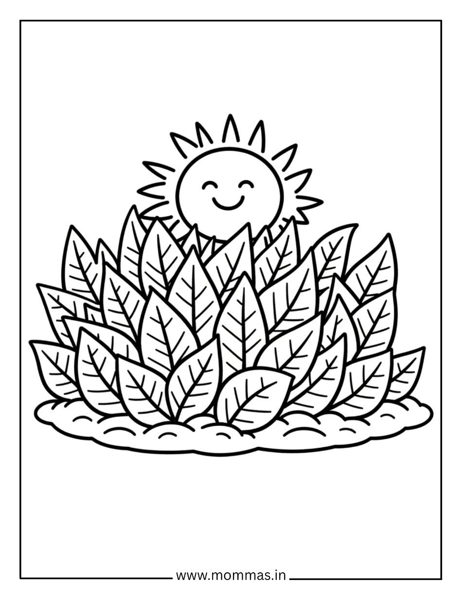 Beautiful fall coloring pages featuring smiling sun with pile of autumn leaves for seasonal weather themes
