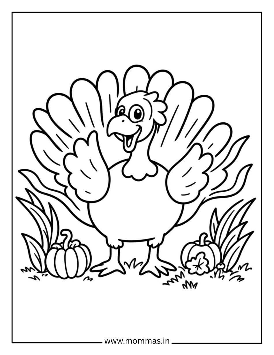 Traditional fall coloring pages featuring turkey with spread feathers and pumpkins for Thanksgiving celebration themes