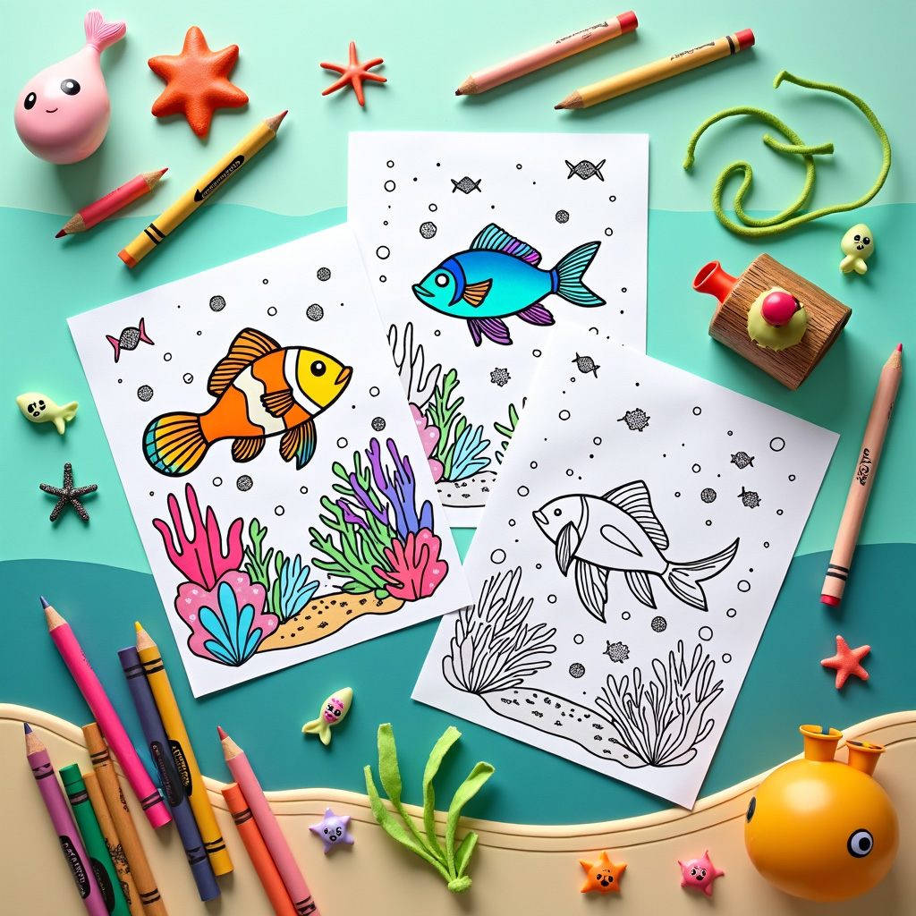 Fish coloring sheet with hidden biology puzzles in fin patterns