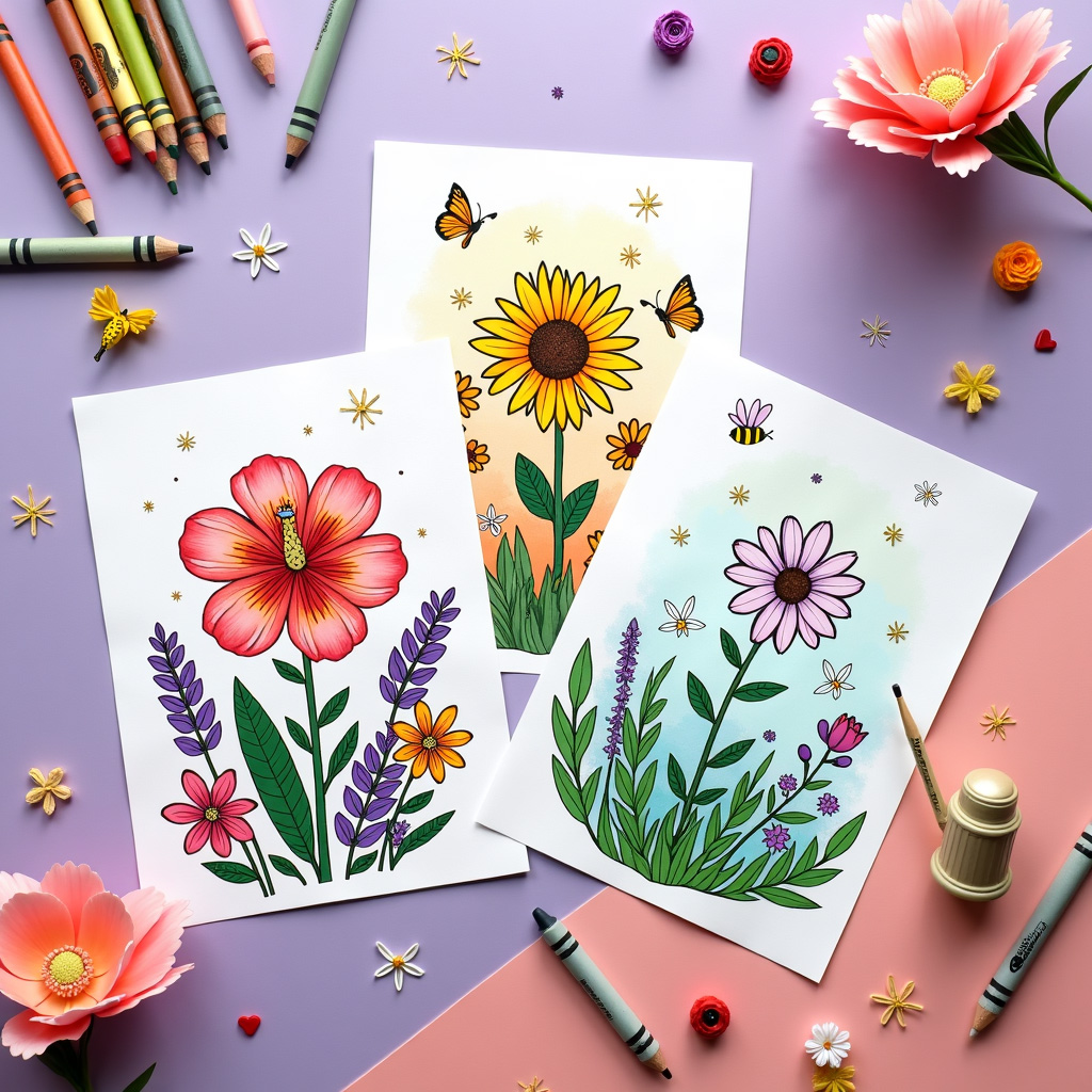 Flower coloring sheet with hidden botany puzzles in pollen grain patterns