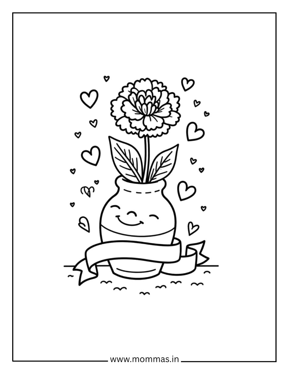 Lovely flower coloring pages featuring carnation in vase with ribbon and hearts for love and care themes