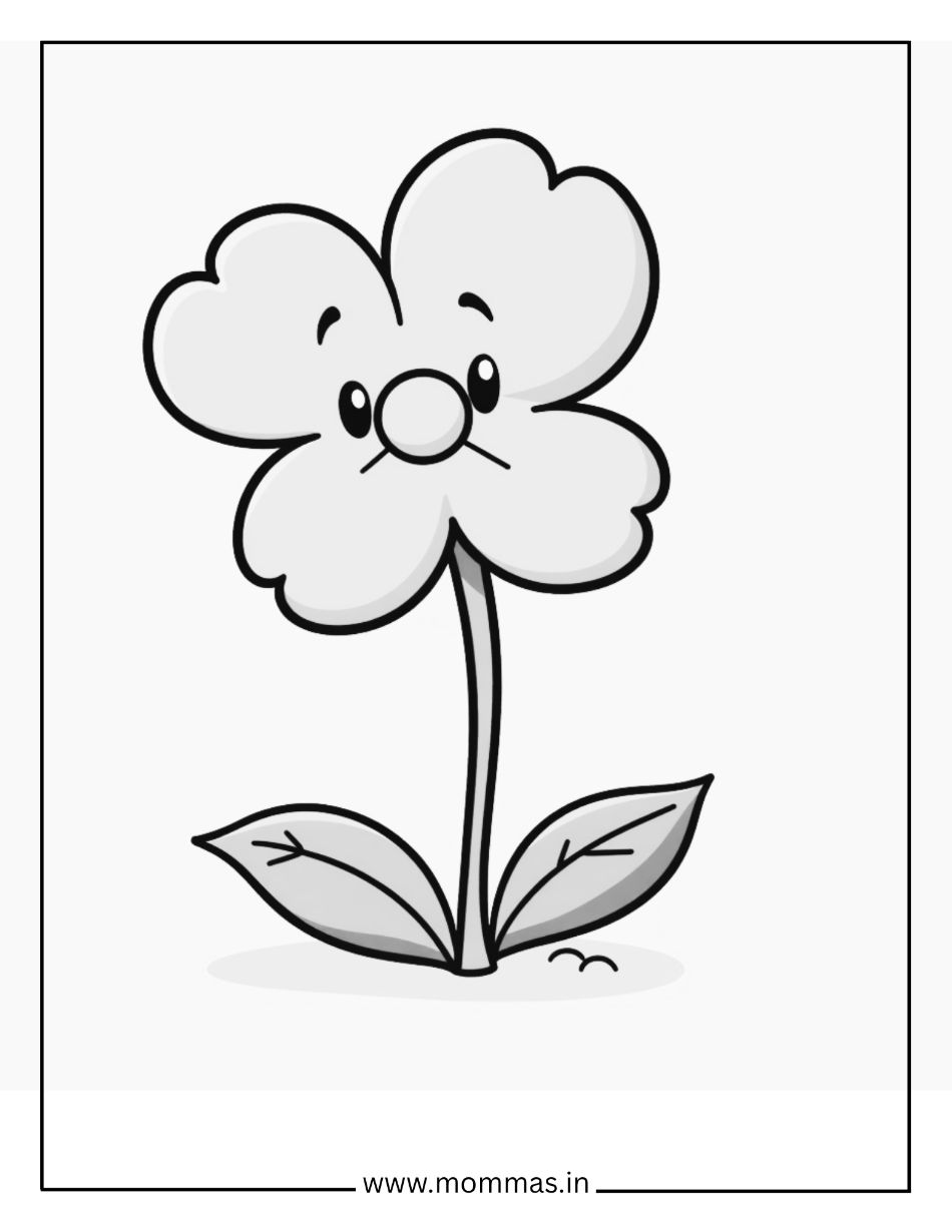 Adorable flower coloring pages featuring four-petal flower with cute nose and face for personality themes
