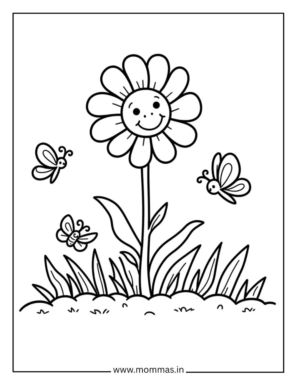 Delightful flower coloring pages featuring happy daisy with butterflies in grass for pollination learning