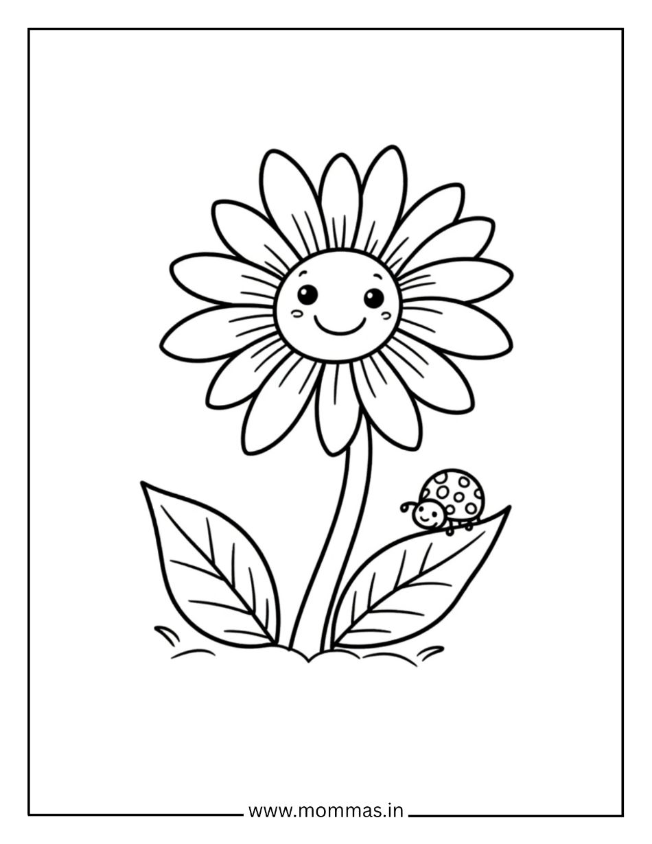 Beautiful flower coloring pages featuring smiling daisy with ladybug friend and detailed petals for nature fun