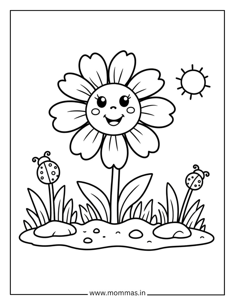 Beautiful flower coloring pages featuring happy daisy with ladybugs, grass and sun for garden friendship themes