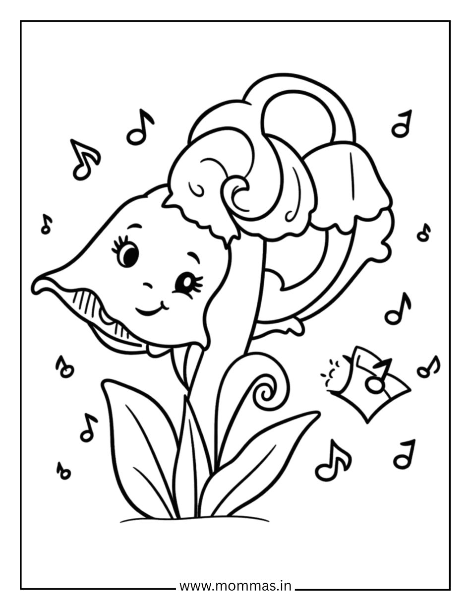 Printable flower coloring pages featuring elephant with flower crown and musical notes for creative nature fun
