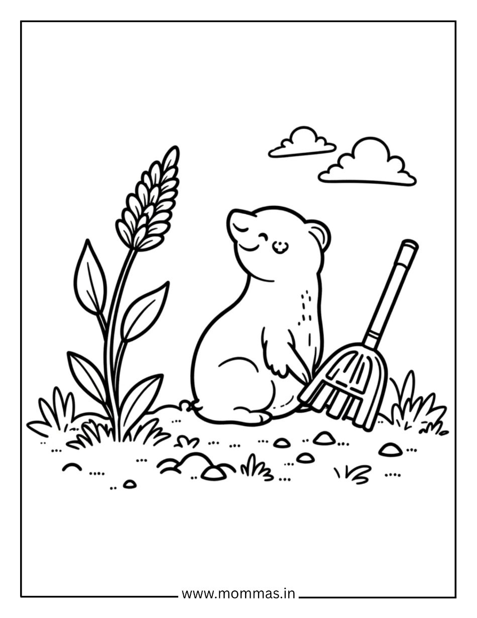 Printable flower coloring pages featuring cute mouse gardening with rake and lavender flower for nature fun