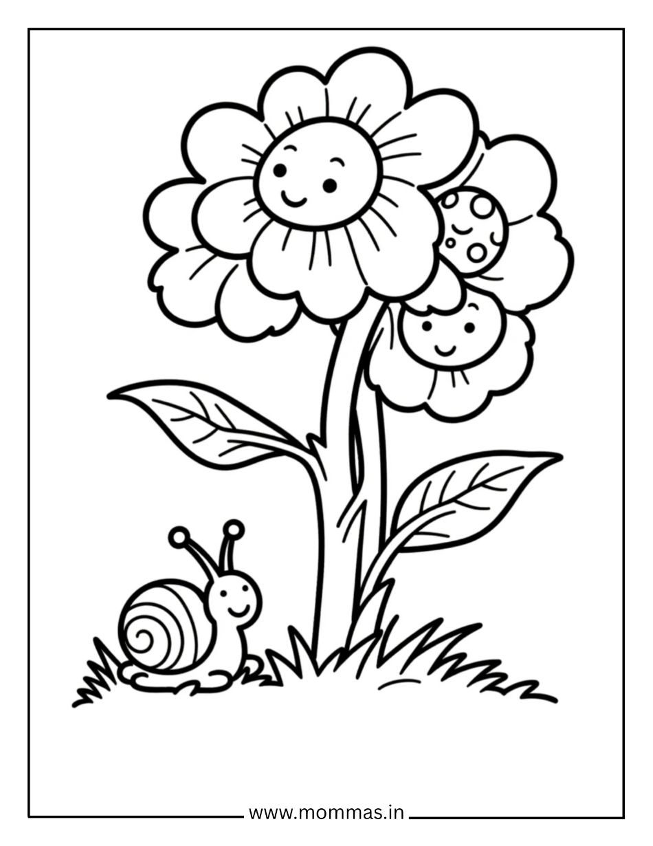 Adorable flower coloring pages featuring happy flowers with faces and snail friend in grass for garden friendship