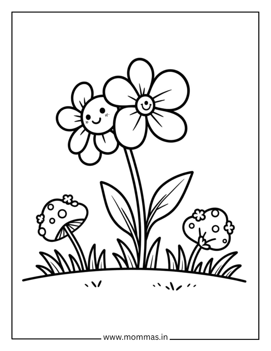 Adorable flower coloring pages featuring happy flowers with faces and mushrooms in grass for garden friendship