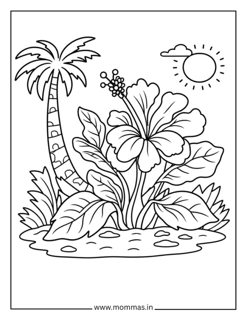 Printable flower coloring pages featuring tropical hibiscus with palm tree and sun for paradise garden themes