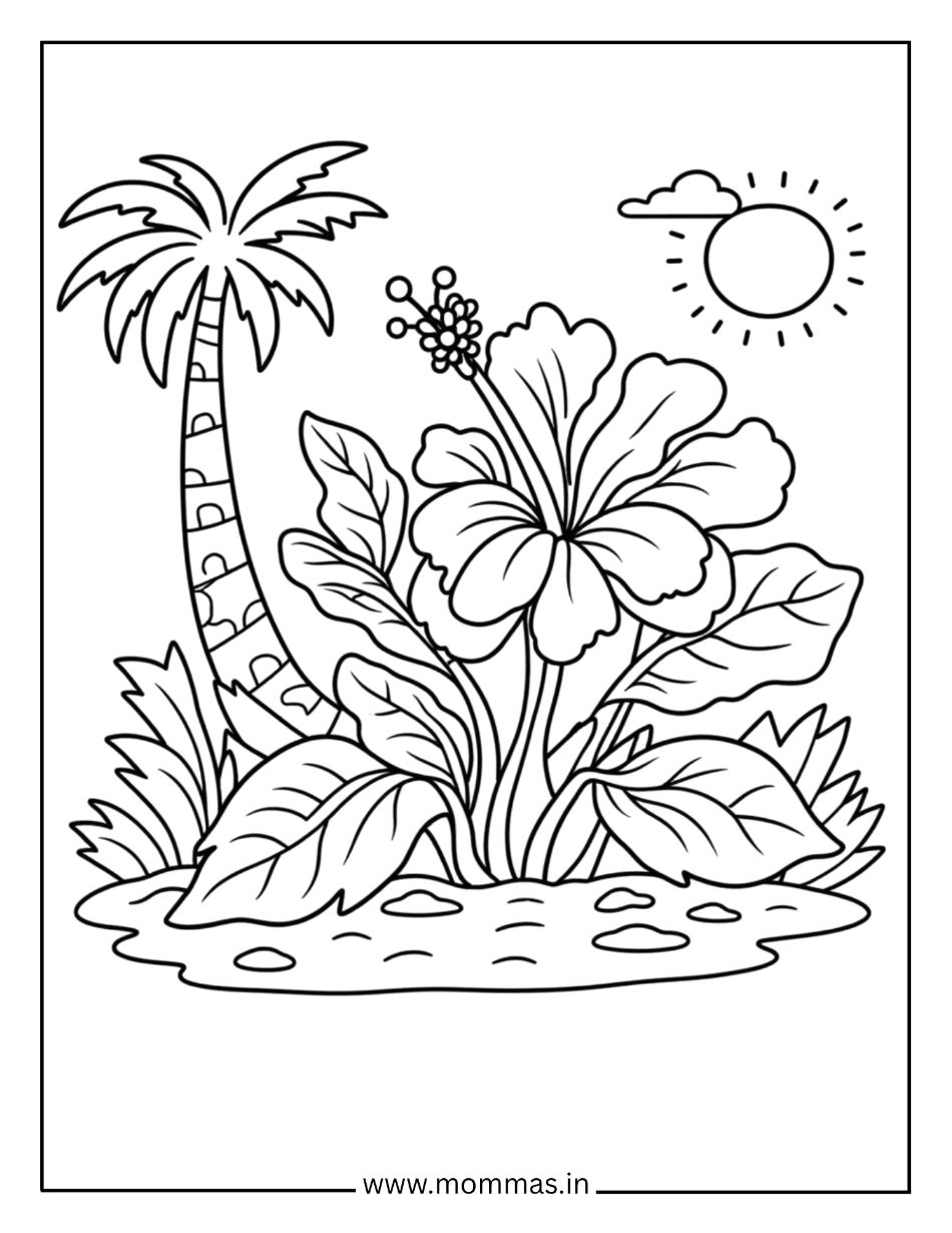 Printable flower coloring pages featuring tropical hibiscus with palm tree and sun for paradise garden themes