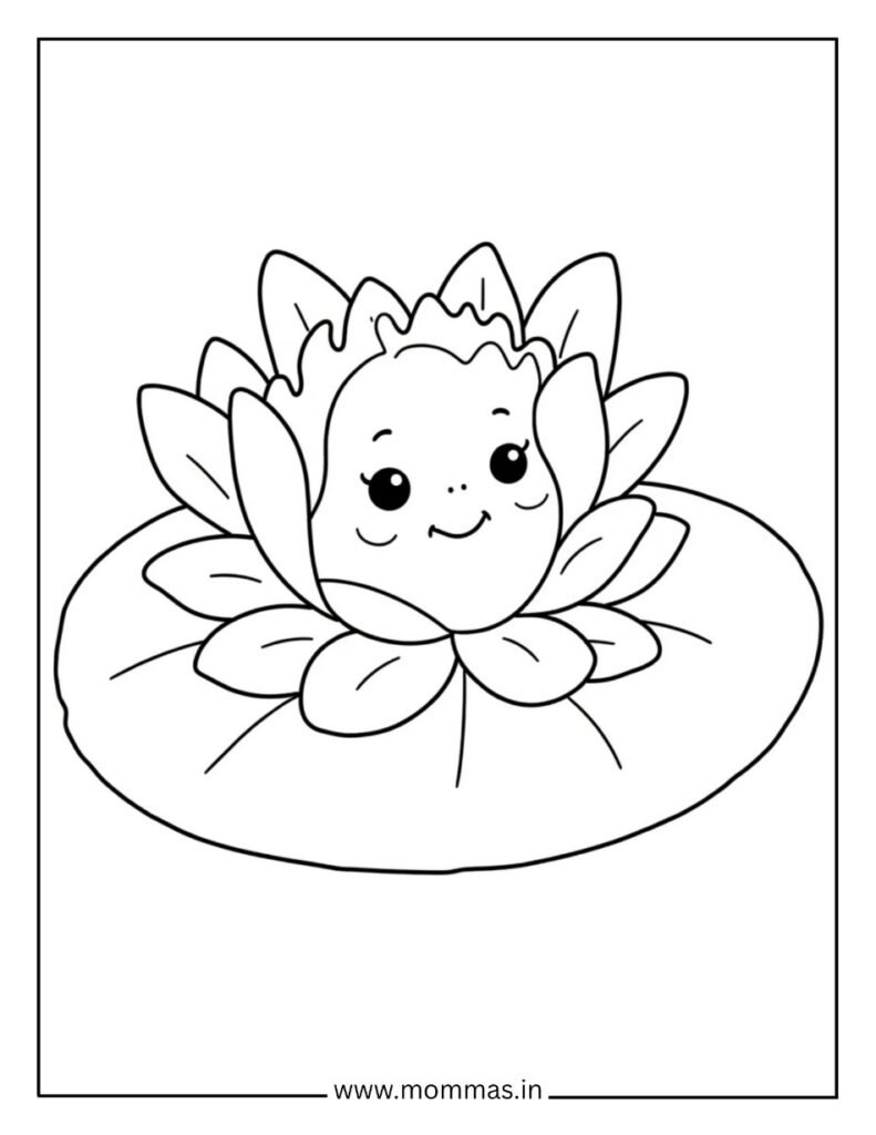 Printable flower coloring pages featuring happy lotus flower on water lily pad for peaceful nature themes