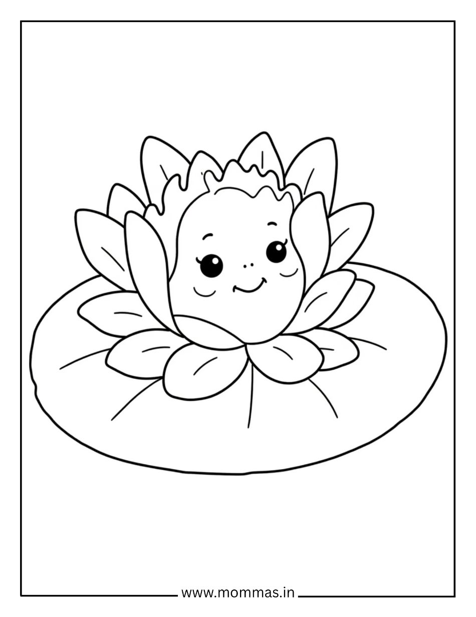 Printable flower coloring pages featuring happy lotus flower on water lily pad for peaceful nature themes