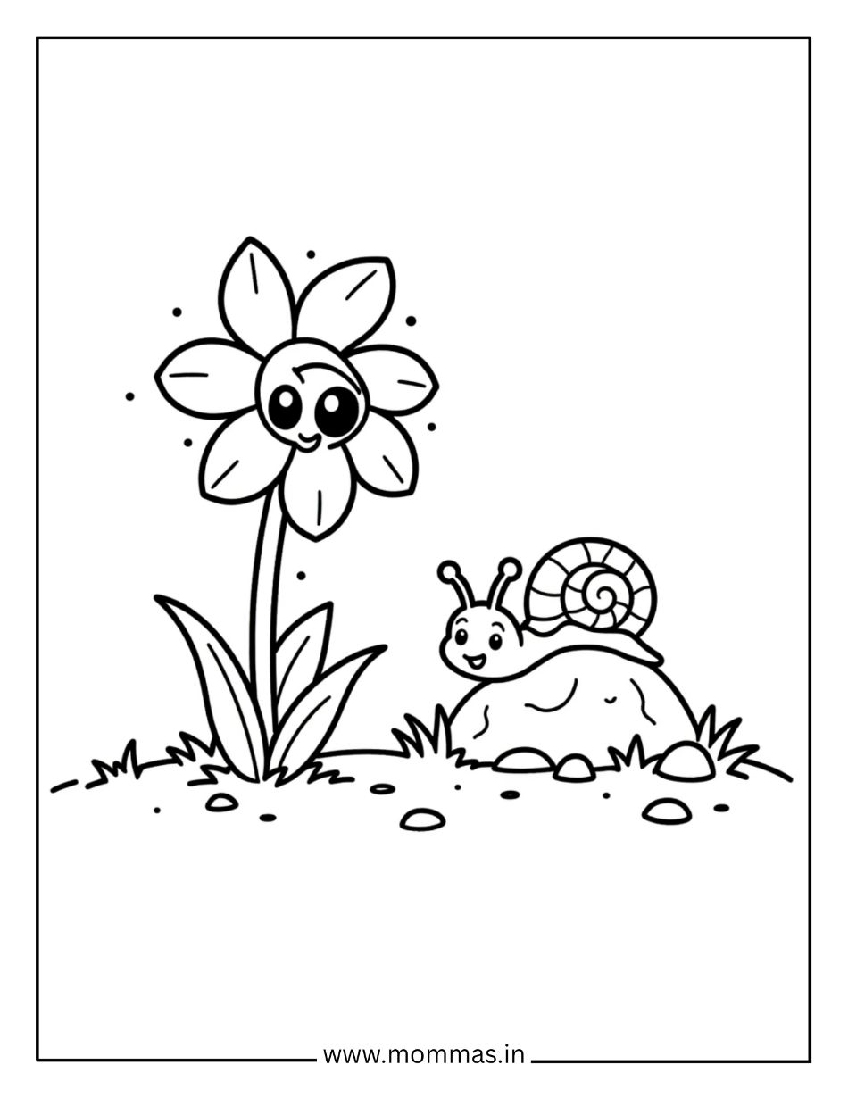 Creative flower coloring pages featuring panda-faced flower with snail friend and rocks for imaginative garden fun