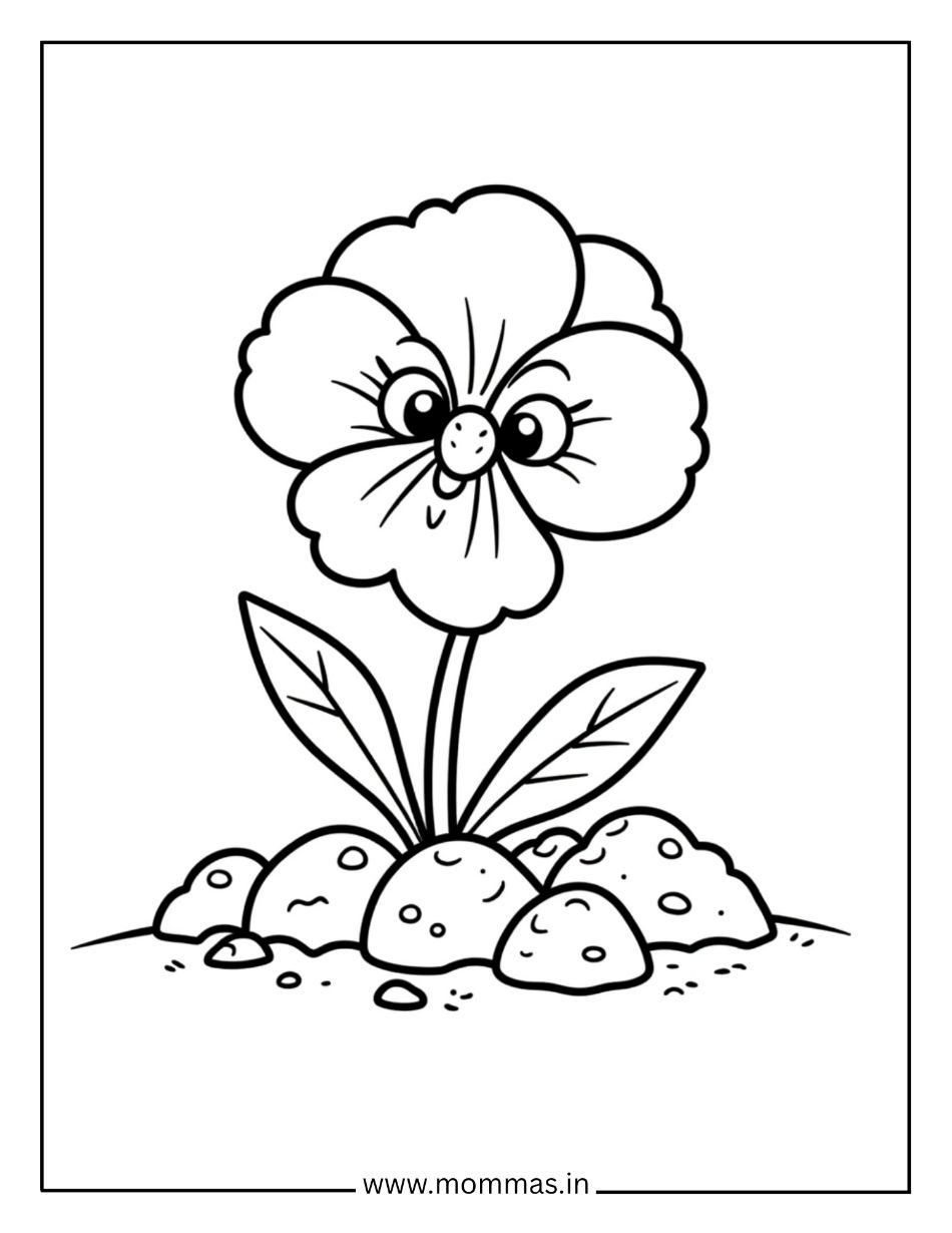 Adorable flower coloring pages featuring pansy flower with cute face and rocky garden for personality themes