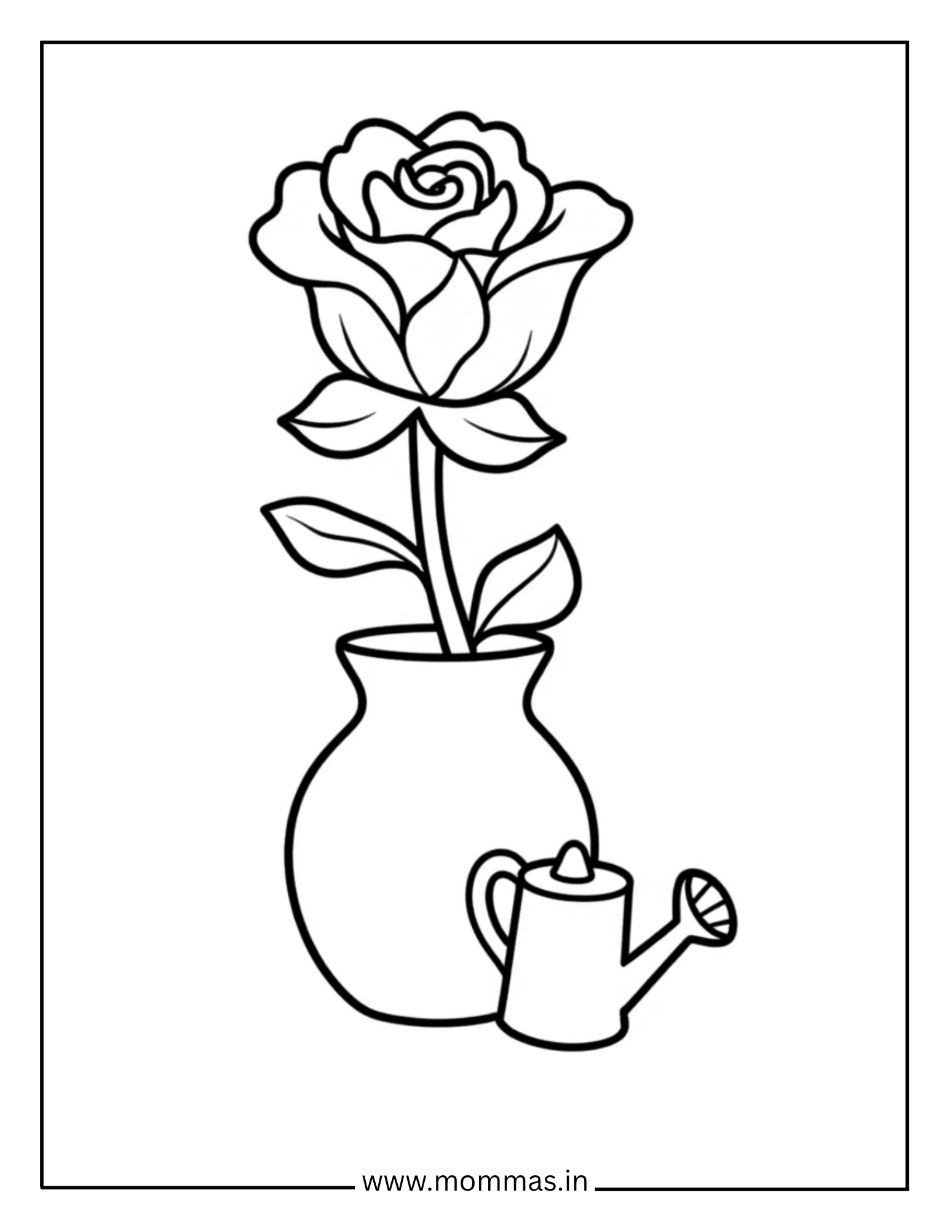 Elegant flower coloring pages featuring rose in vase with watering can for flower care and gardening themes