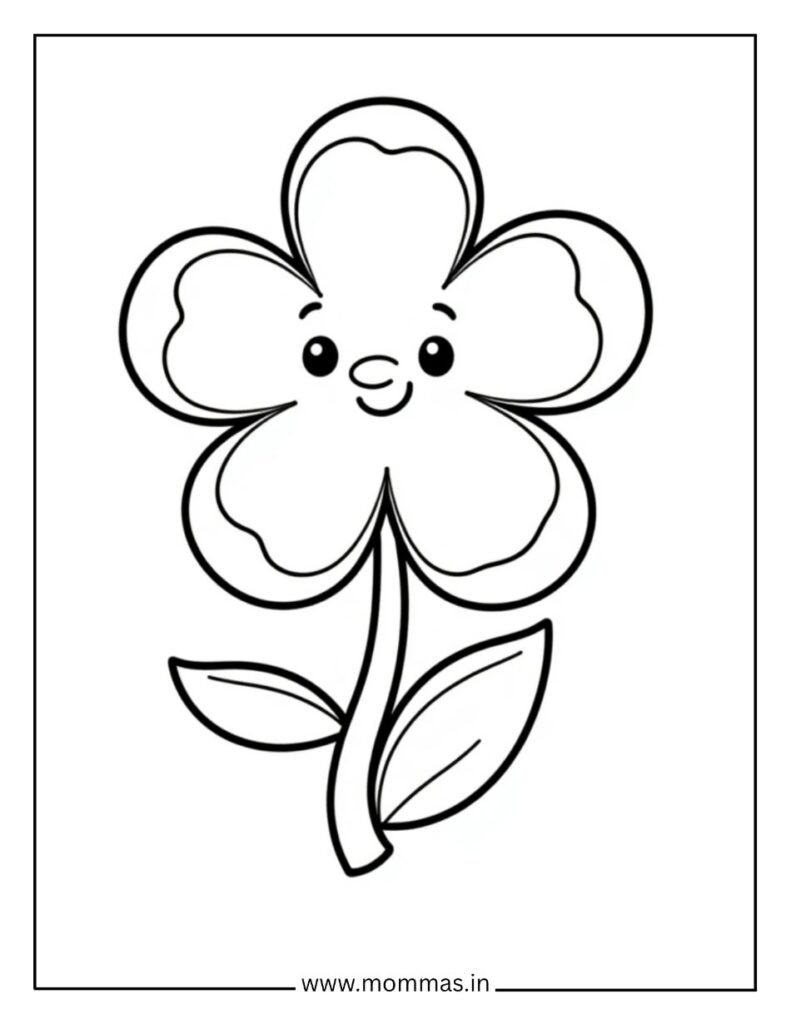 Cute flower coloring pages featuring simple flower with happy face and petals for beginner coloring fun