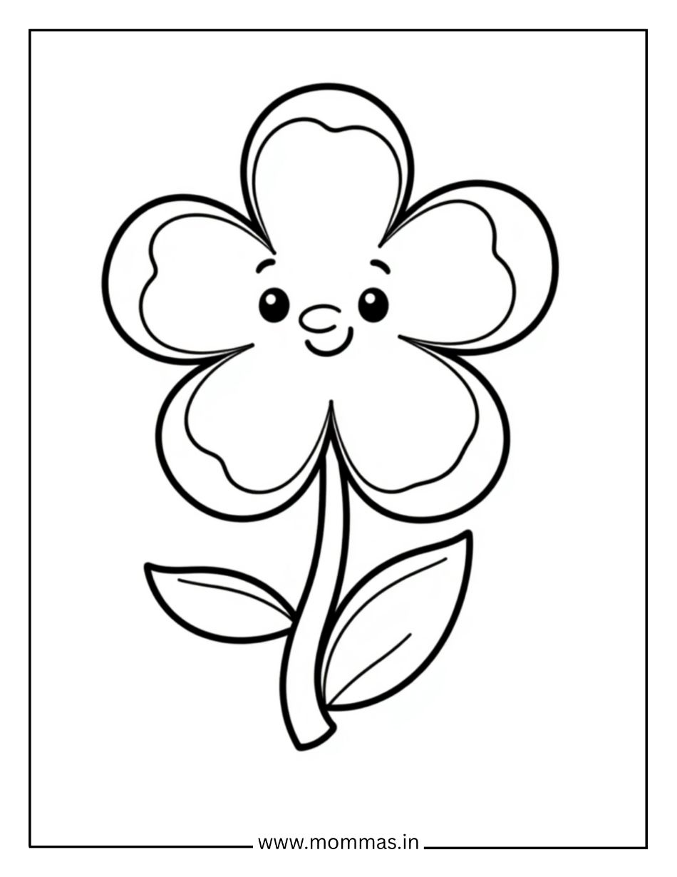 Cute flower coloring pages featuring simple flower with happy face and petals for beginner coloring fun