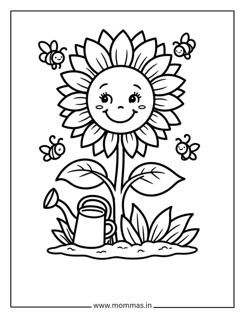 Delightful flower coloring pages featuring happy sunflower with bees and watering can for pollination learning
