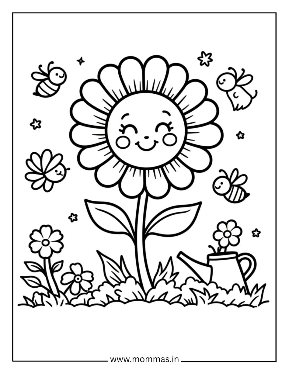 Printable flower coloring pages featuring happy sunflower with bees, watering can and garden elements for nature fun