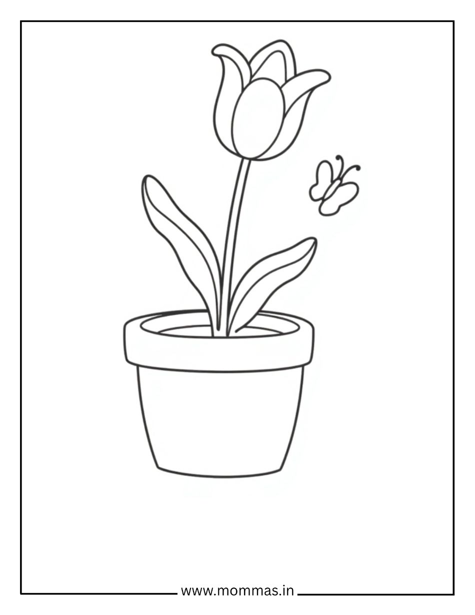 Cute flower coloring pages featuring simple tulip in pot with butterfly for beginner gardening and nature themes
