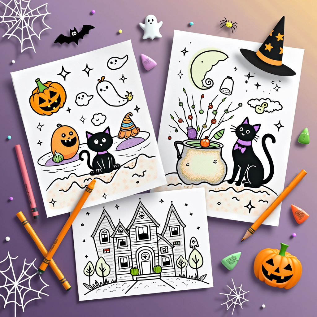 Halloween coloring sheet with hidden shape puzzles in witch hat patterns