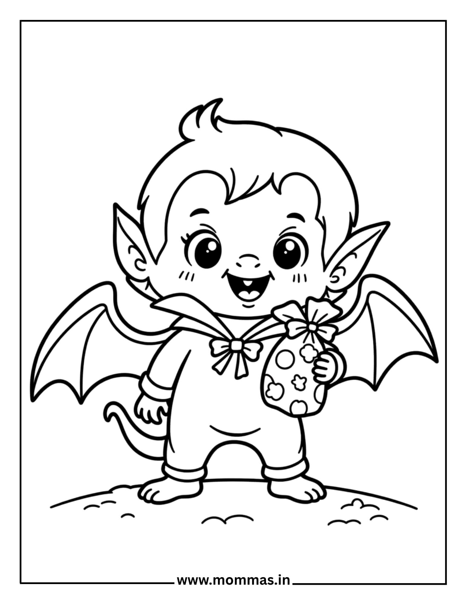 Adorable Halloween coloring pages showing baby vampire with wings holding lollipop for sweet Halloween fun