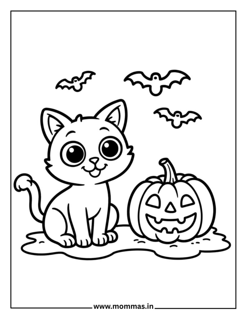 Adorable Halloween coloring pages featuring cat with flying bats and pumpkin for friendly Halloween animal themes