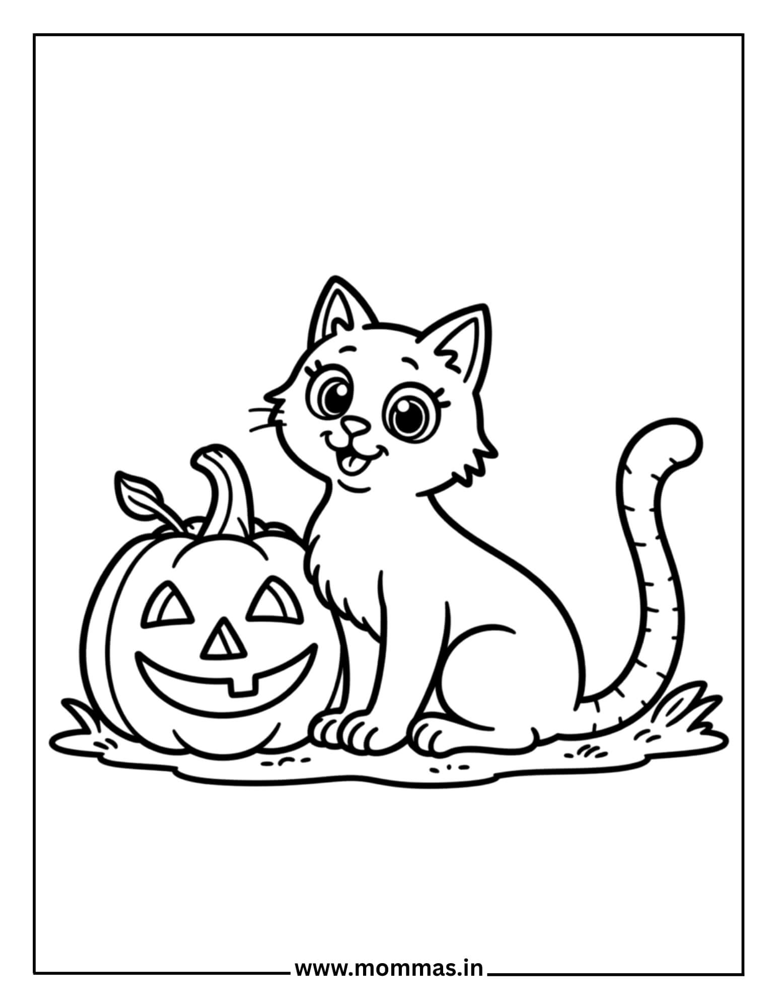 Cute Halloween coloring pages featuring friendly cat with jack-o'-lantern pumpkin for pet Halloween themes