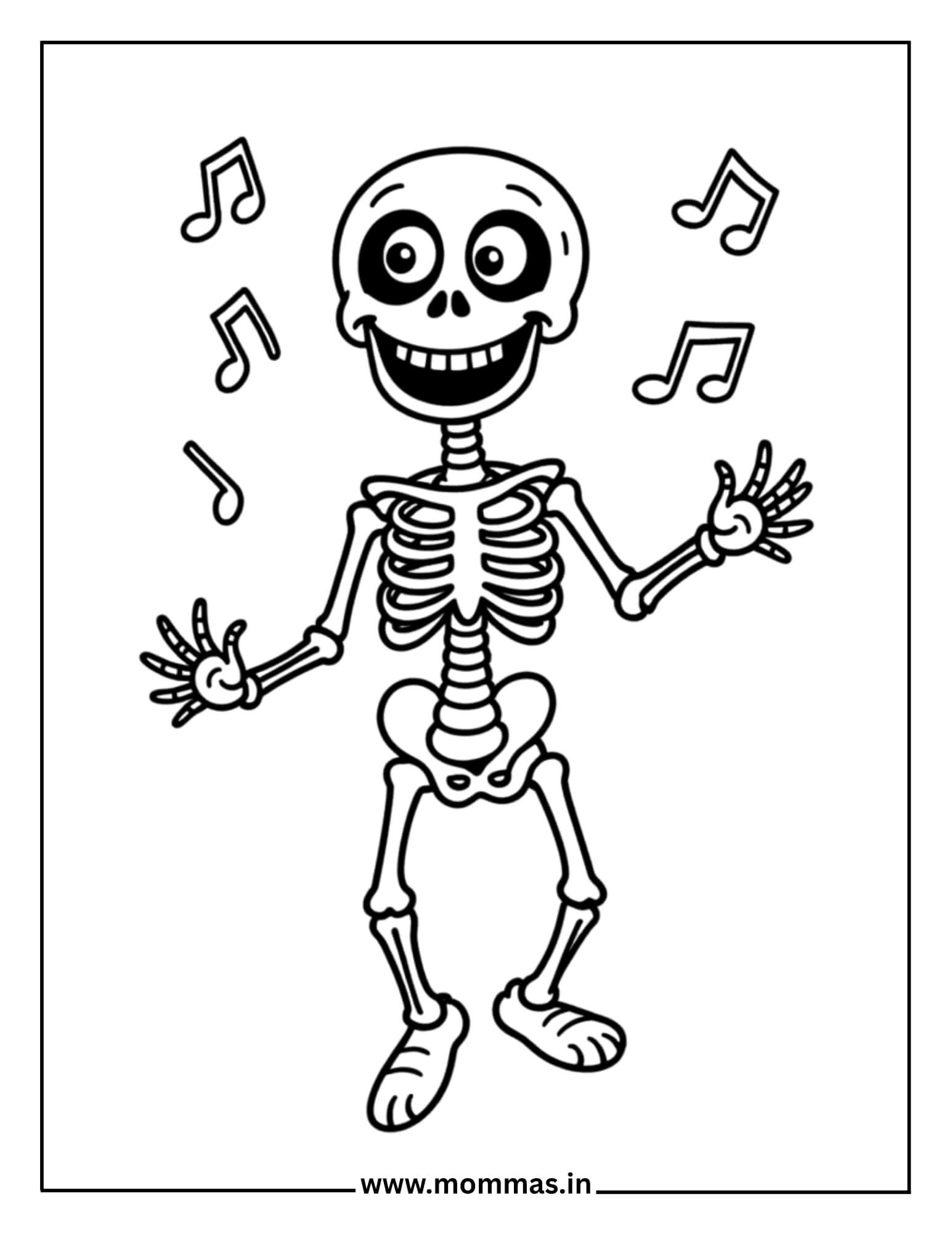 Fun Halloween coloring pages showing dancing skeleton with music notes for spooky celebration and party themes.