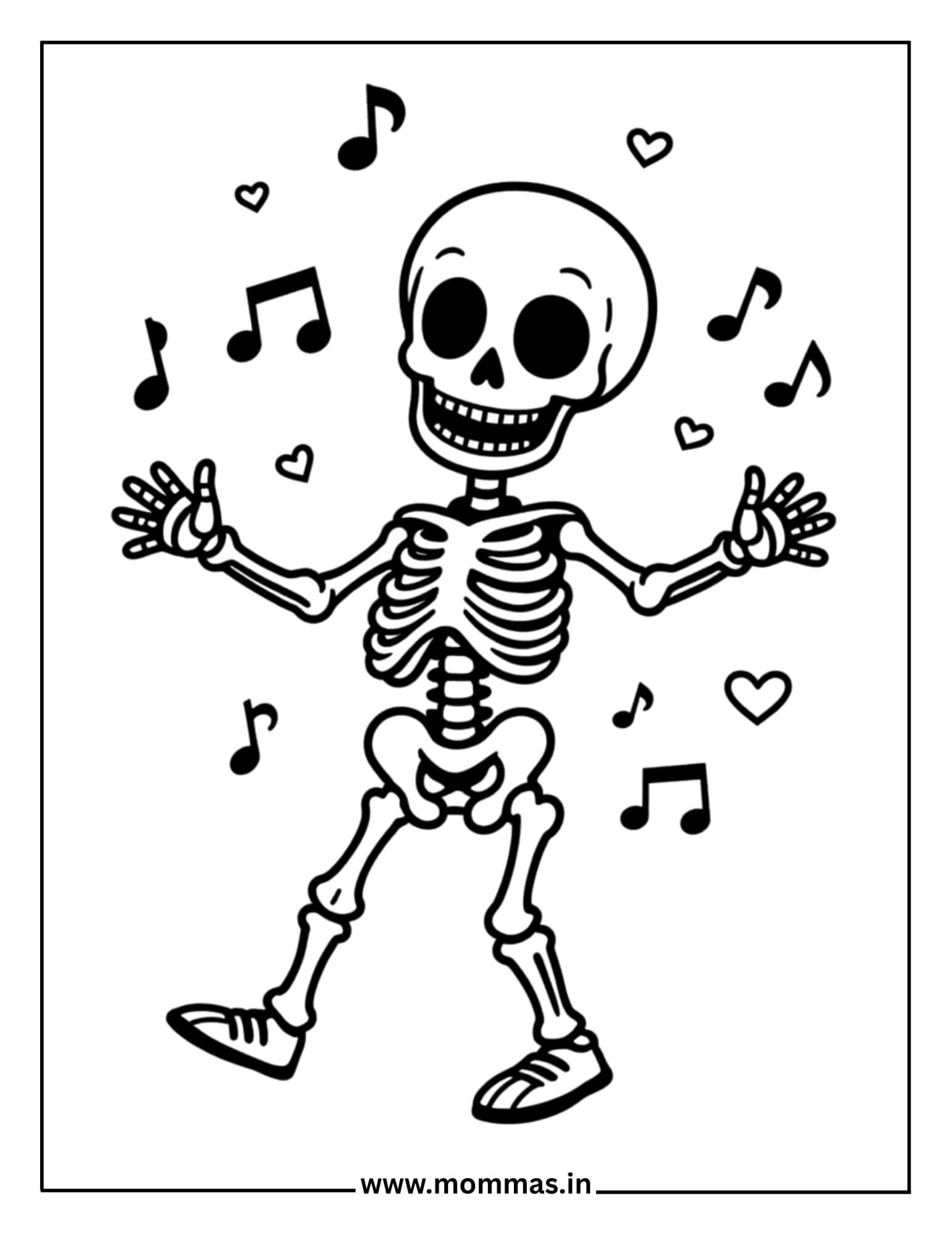 Fun Halloween coloring pages showing dancing skeleton with music notes and hearts for spooky celebration themes.