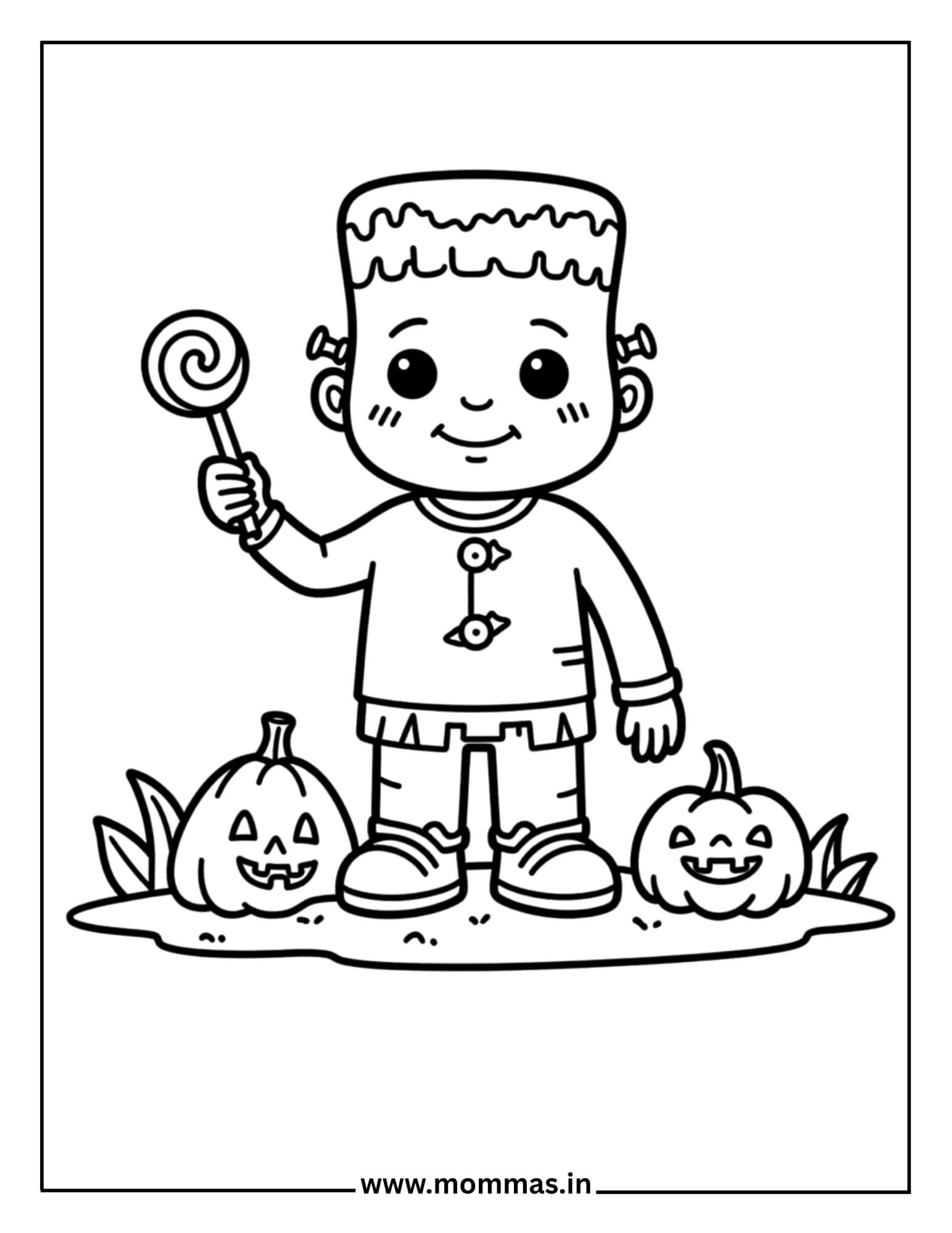 Adorable Halloween coloring pages showing Frankenstein boy with lollipop and Halloween pumpkins for monster fun