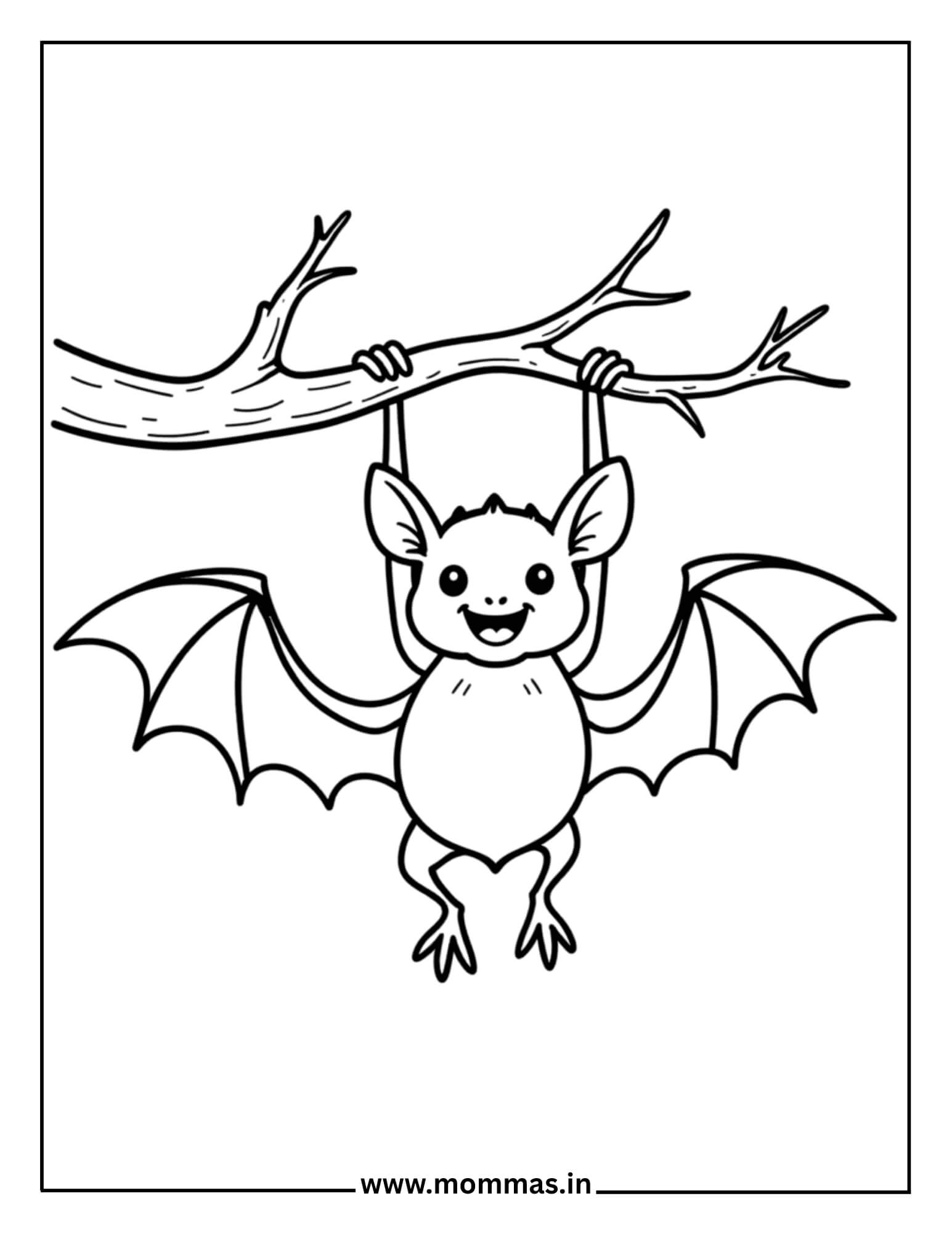 Printable Halloween coloring pages featuring cute bat hanging from tree branch with friendly face for gentle spooky fun