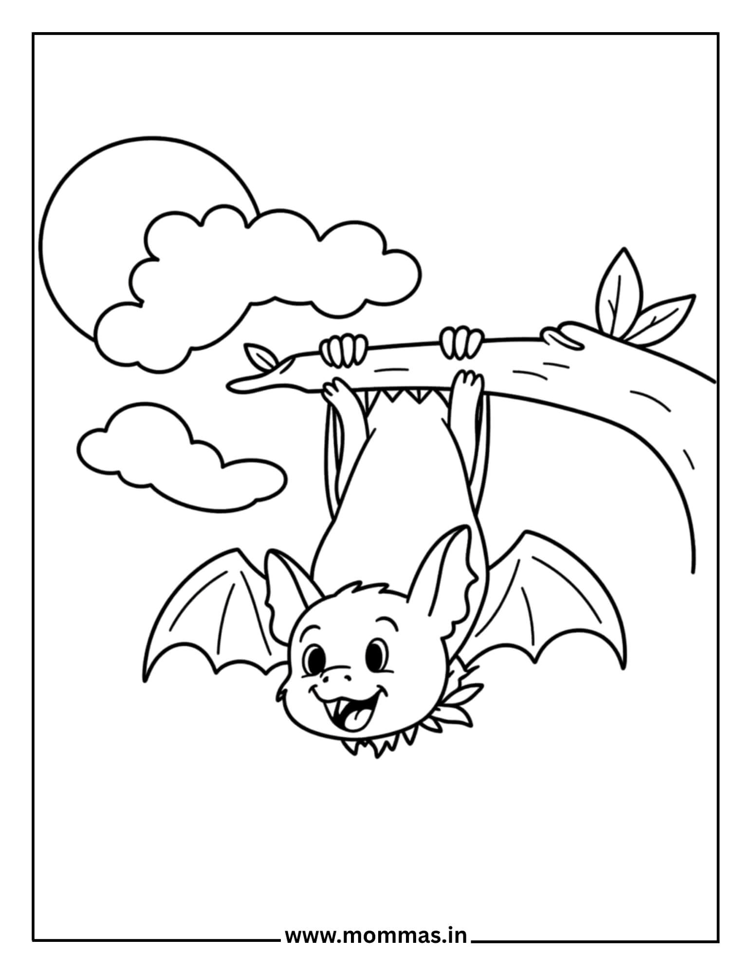 Cute Halloween coloring pages featuring friendly bat hanging from branch with clouds and moon for night themes